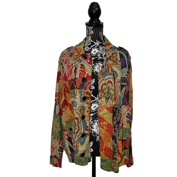 Desigual Jacket Tropical Print Patchwork Button Up Multicolor Shacket Medium - Picture 6 of 11